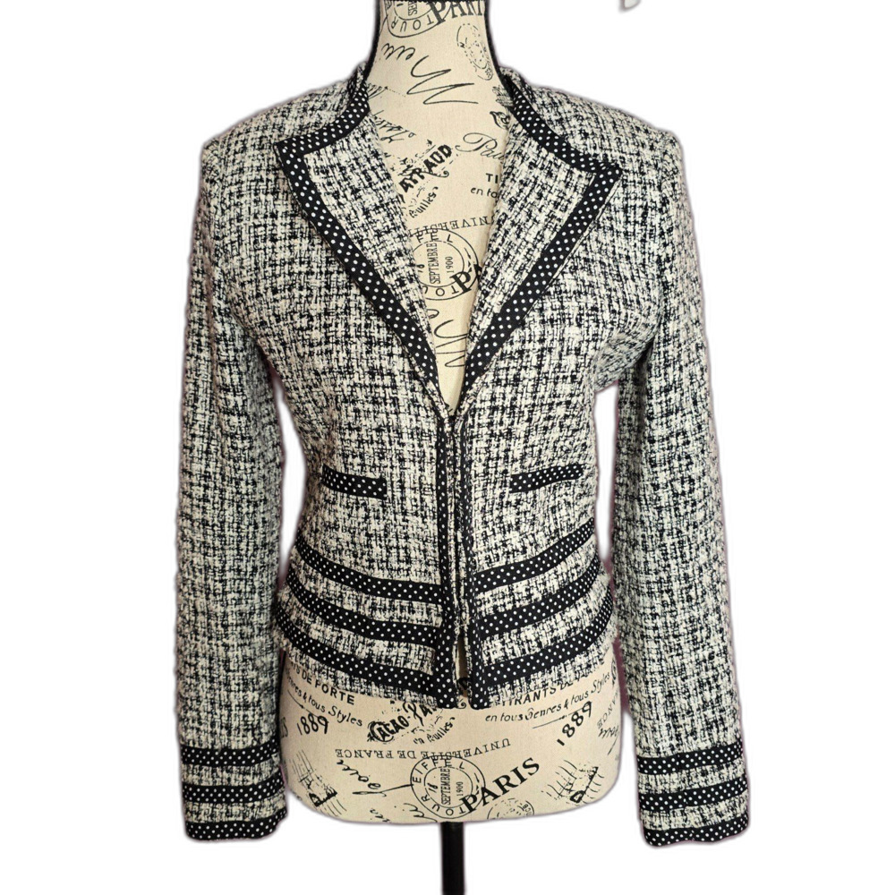 Carole Little vintage 90's Black White tweed Silk blend fitted blazer S
